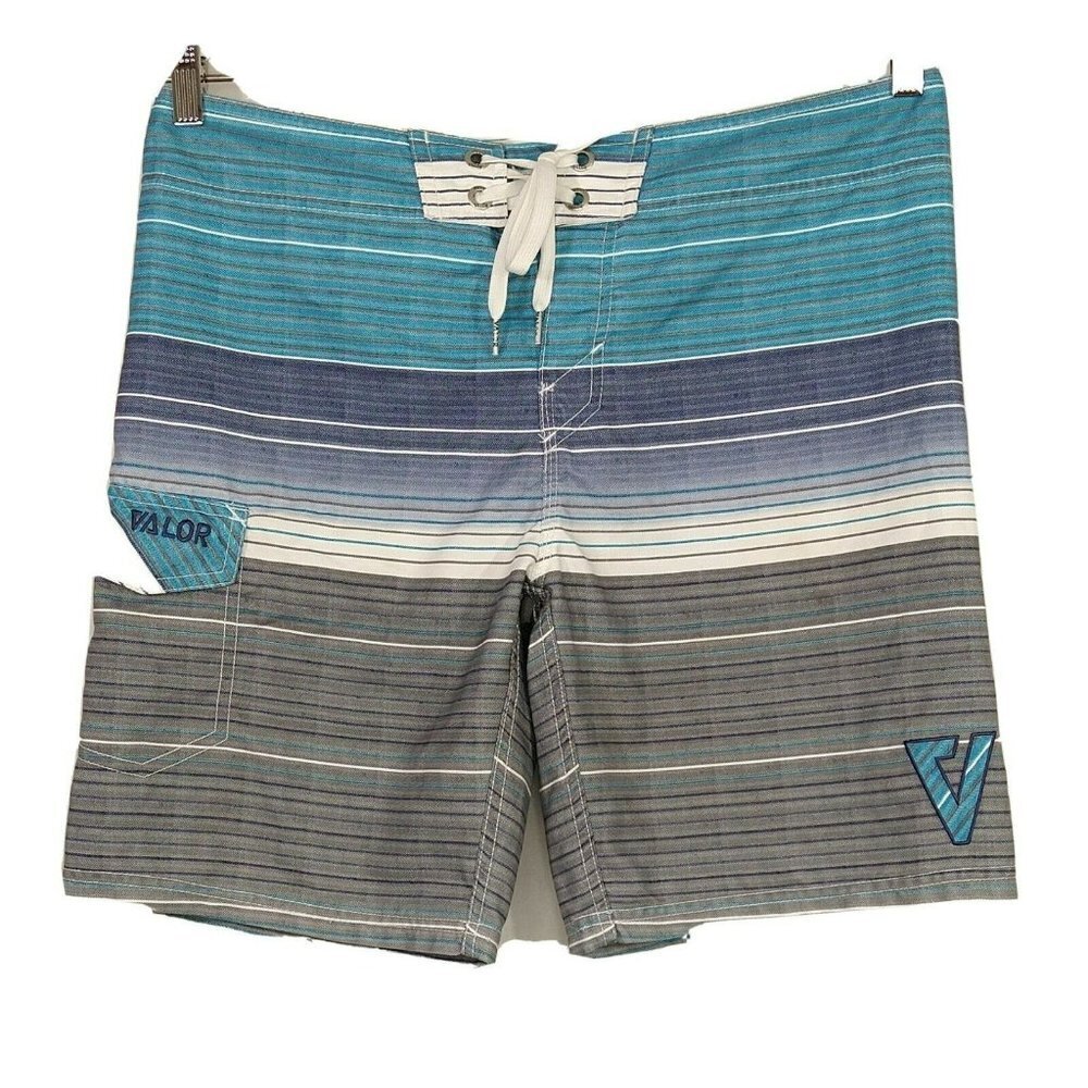 Valor Boardshorts Swim Trunks Shorts Men Size 34 Blue Grey Stripe Pocket